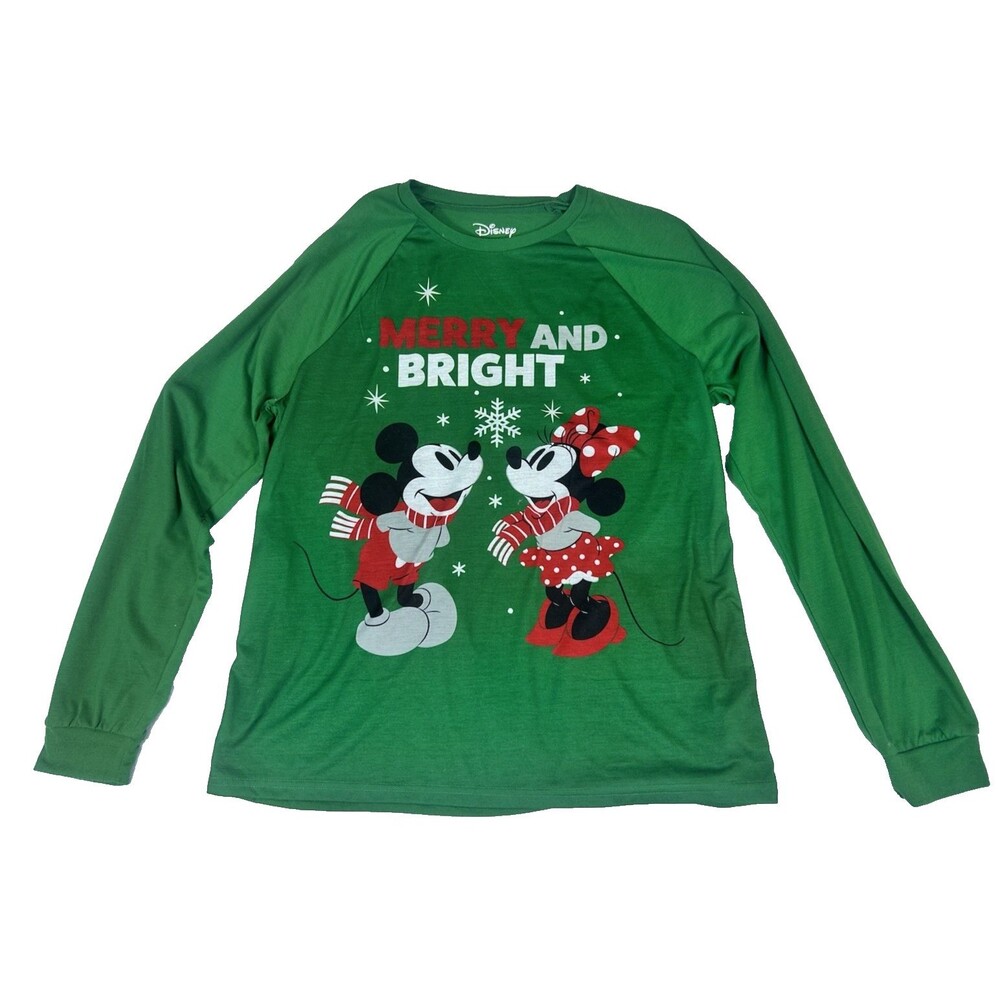 Disney Mickey Minnie Merry & Bright Christmas Pajama Top Green M Long Sleeve